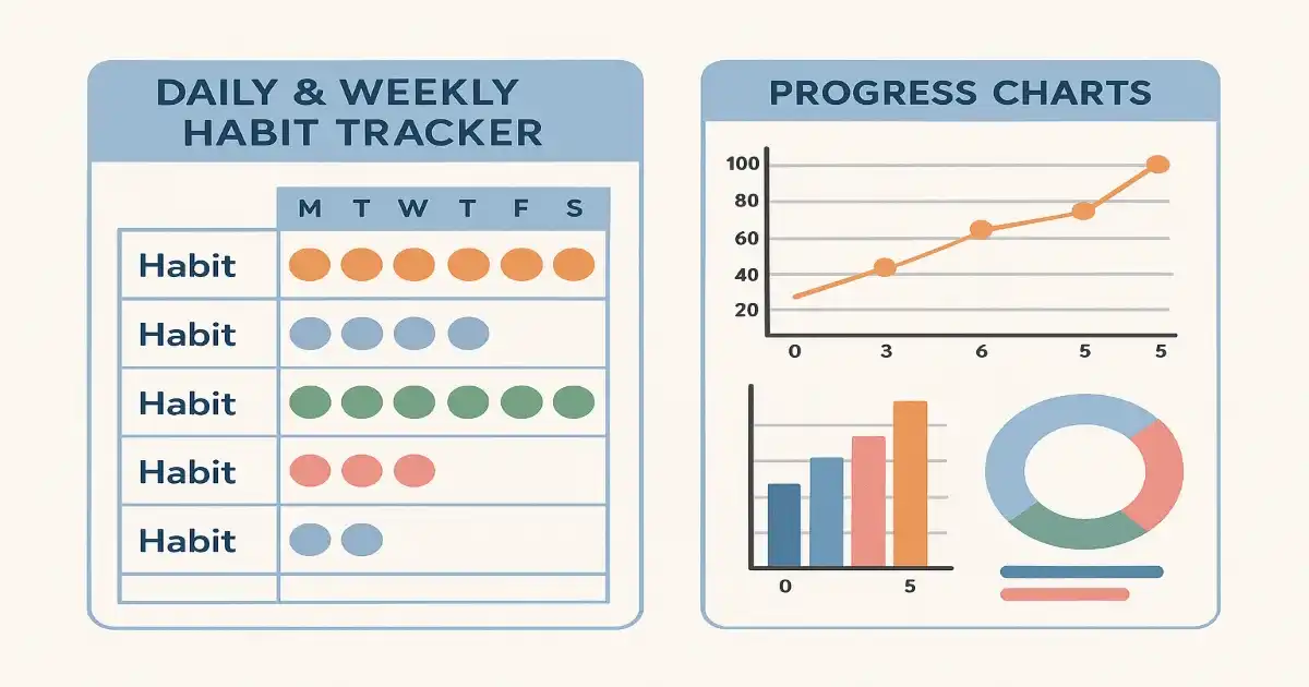 Preview of daily and weekly habit tracker spreadsheet with checkboxes and progress bars