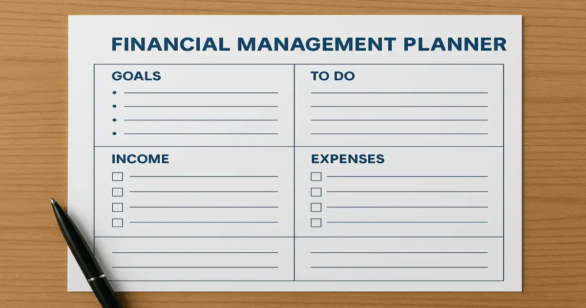 Financial Management Planner preview with budget tables, cash flow tracker, and goals layout