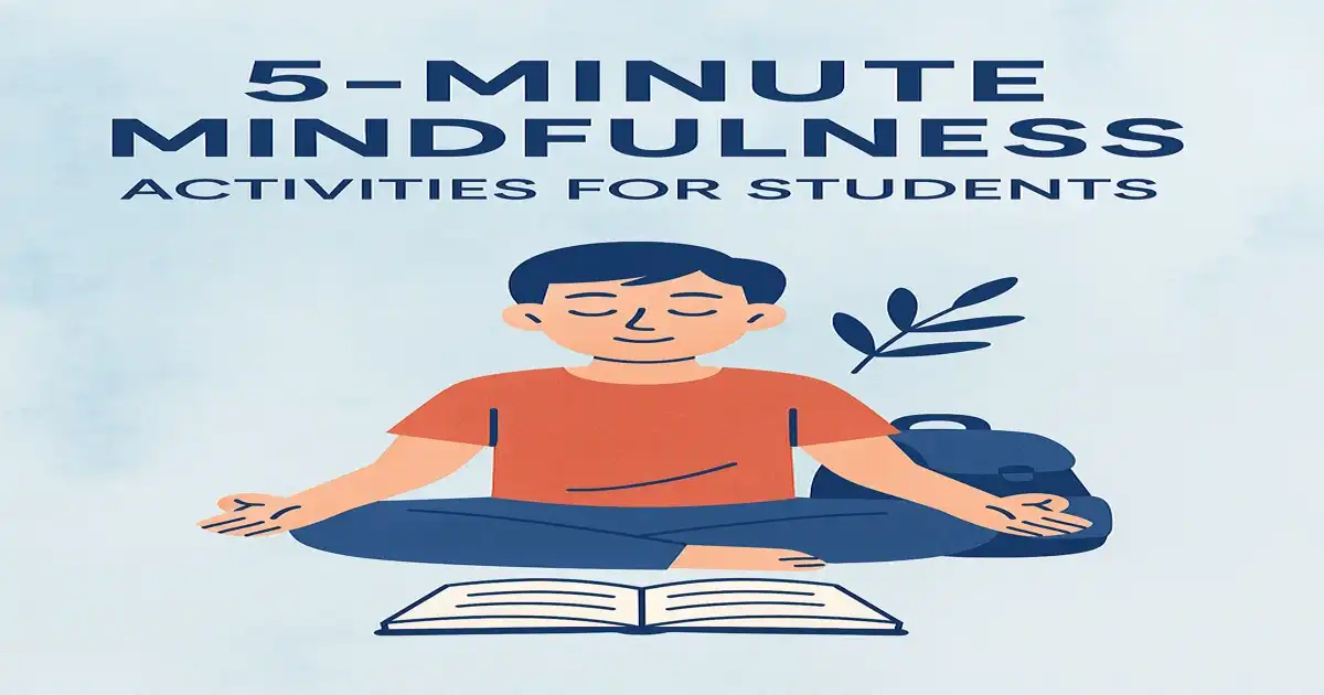 Five-minute mindfulness activities for students – classroom-ready PDF cover with calm teal tones and simple student-friendly icons