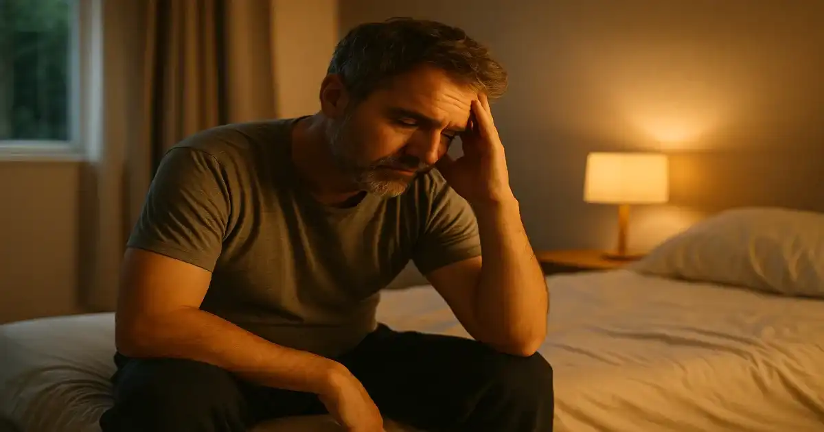 A middle-aged man sitting wearily on the edge of his bed, reflecting fatigue and poor health