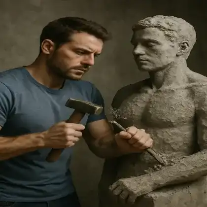 Man sculpting his own statue as a metaphor for self improvement tips and personal growth