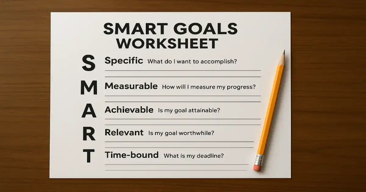 Smart Goals Worksheet 1200×630 preview showing S.M.A.R.T. sections