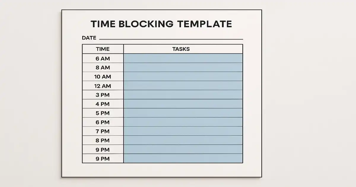 Time Blocking Template preview showing color-coded hourly blocks for a full day schedule.