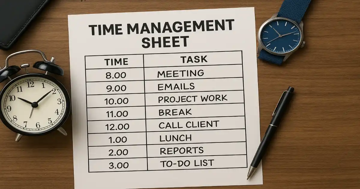 Time Management Sheet template preview in 1200×630 WebP with clear sections for tasks, priorities, and time blocks